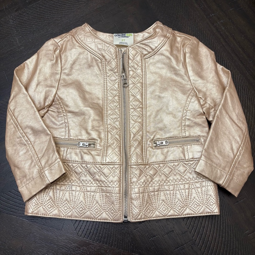 OshKosh Genuine Kids Girls Faux Leather Jacket Size 2T Light Gold Zipper Accents